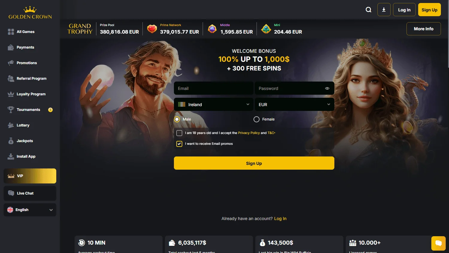 Golden Casino home on desktop
